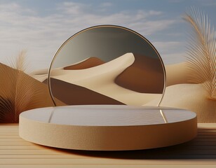 3d stone pedestal premium podium with mirror behind sand dunes background minimal abstract cosmetic background for product presentation blank showcase mockup with empty round stage 3d rendering