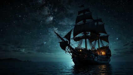 Fototapeta premium Black pirate ship under a starry sky.
