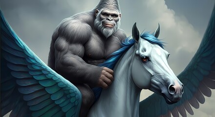 Bigfoot Sasquatch Riding a Winged Pegasus, Cryptid Creature in the Forest Woods, Nature Illustration