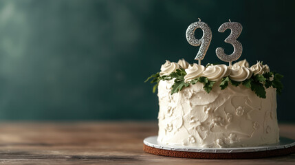 Elegant birthday cake decorated with 93 candles