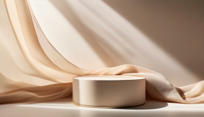 modern minimal and luxury geometric design of acrylic beige podium table and blowing sheer curtain in sunlight on cream white wall for elegant jewelry beauty cosmetic product display background