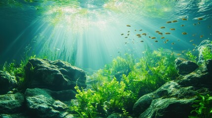 Obraz premium Subaquatic Serenity: Underwater Eden with Sunbeams and Fish