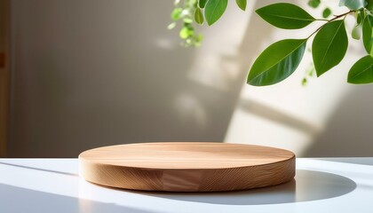 wooden round tray podium green tree twig on white glossy table counter in sunlight leaf shadow with wall for luxury beauty organic health cosmetic jewelry fashion product display background