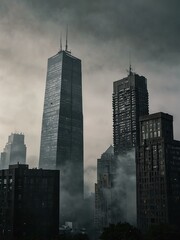 Fototapeta premium Black skyscrapers piercing through fog, creating a dramatic skyline.