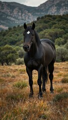 Fototapeta premium Black Spanish stallion in a scenic landscape.