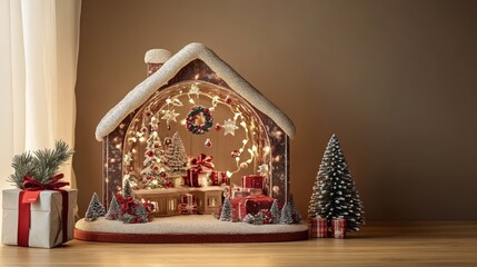 Fototapeta premium A charming Christmas house adorned with twinkling lights, surrounded by colorful presents and a beautifully decorated tree, radiates festive joy.