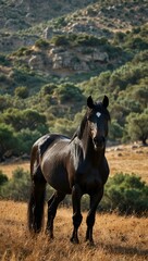 Obraz premium Black Spanish stallion in a scenic landscape.