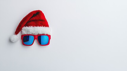 A playful aerial shot of a Santa hat and 3D glasses arranged as a face on a crisp white background, embodying Christmas movie fun.