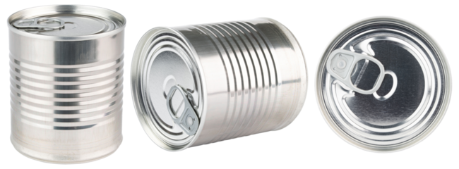 Tin Can. Food sealed can. Steel and tin cans. Canned food. Metal container. Preserving can. Conserved product. Condensed milk, soup, fish, drink. Food Store. Object on isolated background