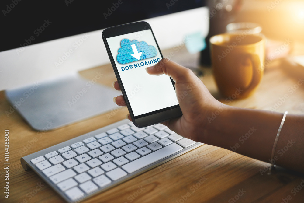Poster Cloud computing, download and phone with hands of employee in office for data storage, security and internet. Technology, software and ux with closeup of business person for iot and connection