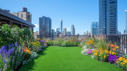 Lush Rooftop Garden with Colorful Flowers and City Skyline View