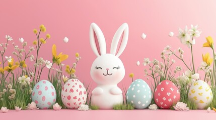 Cute Bunny with Colorful Easter Eggs