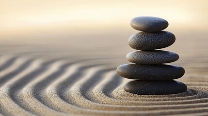 Stacked stones over rippled sand create a tranquil and calming atmosphere
