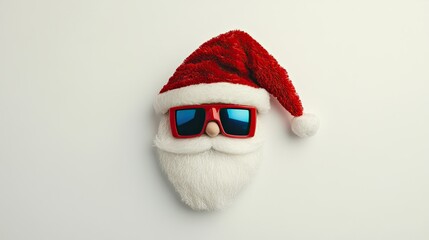 Aerial view of a Santa hat and 3D glasses resembling Santa's beard and eyes, set against a clean white backdrop for a cozy Christmas vibe.