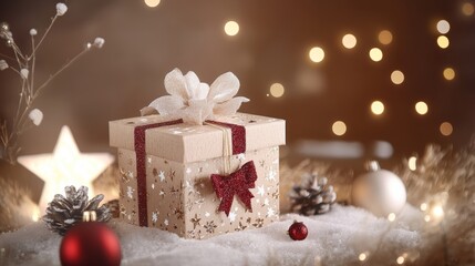 A charming gift box adorned with a festive bow, radiating holiday cheer and anticipation, perfect for spreading joy this Christmas season.