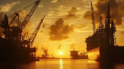 Obraz premium Vibrant Sunset Over Industrial Port with Cranes and Cargo Ships