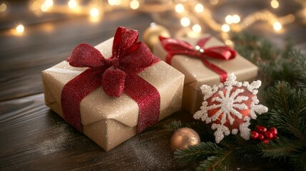 Two charming gifts wrapped in rustic brown paper, adorned with vibrant red bows, evoke the joyful spirit of Christmas celebrations.