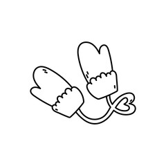 Hand drawn mitten. Cute winter glove. Coloring page of mittens on a thread. Christmas vector illusrtation on a white background