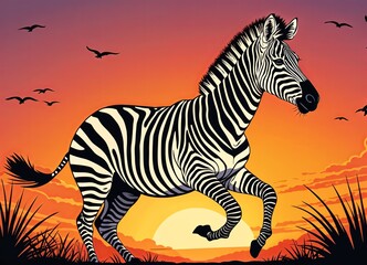 Fototapeta premium majestic zebra gallops across the African savanna against a vibrant sunset backdrop. The zebra's striking black and white stripes stand out against the warm hues of the sky