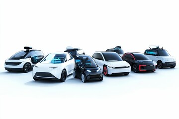 Six futuristic electric cars, white background.