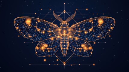 An intricate digital illustration of a illuminated moth, featuring glowing patterns and celestial designs against a dark background, evoking mystery.