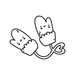 Kawaii mittens. Doodle winter glove. Coloring page of mittens on a thread. Christmas vector illusrtation on a white background
