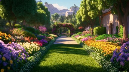 Obraz premium Vibrant Pathway Through Colorful Flower Garden in Spring Sunshine