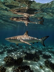 Fototapeta premium Blacktip shark swimming gracefully in tropical waters.
