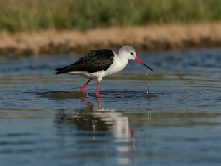 Black-winged Stilt feeding in water, Oman.