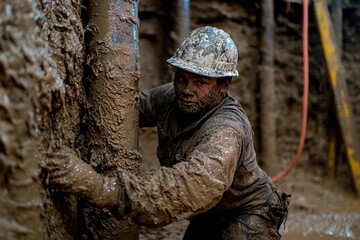 Obraz premium Hardworking miner covered in mud in a deep underground excavation site. Generative AI
