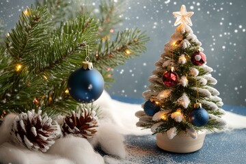 A charming little Christmas tree adorned with colorful ornaments stands proudly amidst a blanket of soft, glistening snow, radiating holiday cheer.