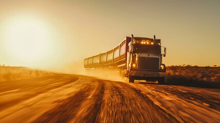 Fototapeta premium Massive freight truck driving through dusty desert at sunset
