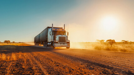 Obraz premium Powerful truck driving on dusty road in rural sunset landscape
