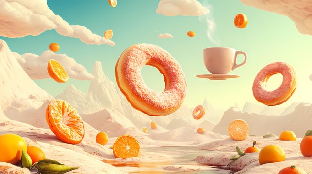Colossal levitating doughnuts hovering citrus segments and a transcendent floating coffee mug come together in a surreal landscape. Transcendent. Illustration