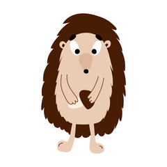 A cute cartoon hedgehog stands on its legs and holding mushroom. Hedgehog vector illustration isolated on white background