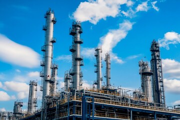 Fototapeta premium Industrial landscape showcasing towering structures against a bright blue sky. Generative AI