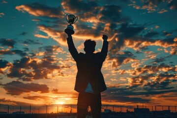 Fototapeta premium Businessman wins gold trophy in 2021 sunset success concept.