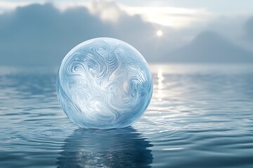 A transparent glass sphere with intricate patterns rests on a calm water surface.