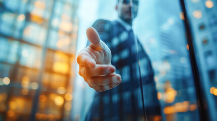 Businessmen lend a helping hand, behind glass, extending hand at camera