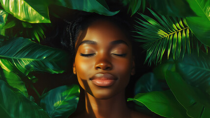 Generative AI illustration of black serene woman with eyes closed and a content smile amidst lush green tropical leaves