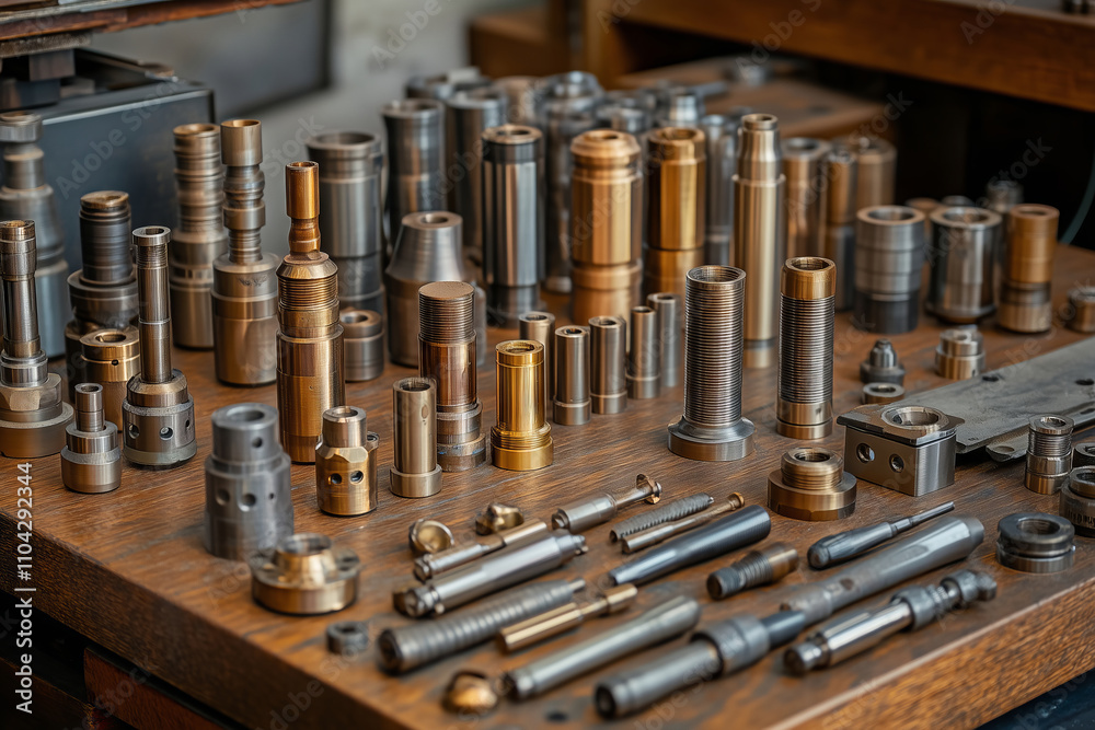 Poster Collection of intricately crafted metallic components displayed on a workbench