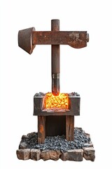 Rusty forge, glowing coals, drop hammer.