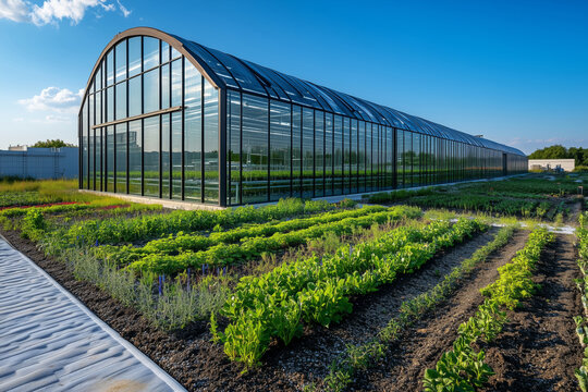 Futuristic agricultural research center with advanced greenhouse technology