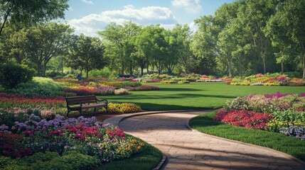 Obraz premium Vibrant Flower Garden with Pathway and Bench Under Clear Sky