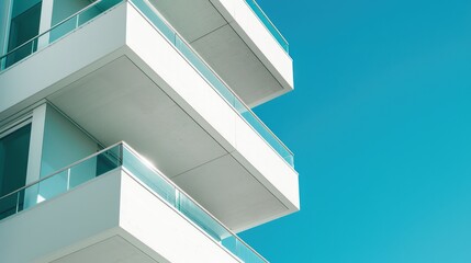 Geometric balcony fragments on white building against blue sky. Modern abstract architecture view.