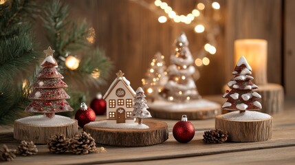 A festive table adorned with miniature Christmas trees and sparkling decorations, radiating holiday cheer and inviting warmth.