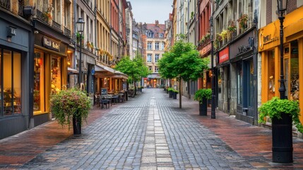 Fototapeta premium Charming European Street with Colorful Shops and Quiet Atmosphere