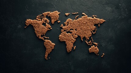 A creative depiction of a world map made from coffee beans on a dark background, capturing a unique blend of geography and gastronomy.