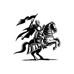 Obraz premium Silhouette knight medieval cavalier with horse holding flag, Silhouette of a knight on a horse, knight riding horse, Silhouette of a knight on a horse, in black color only, full-body