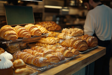 Delightful assortment of freshly baked bread and croissants in a cozy bakery